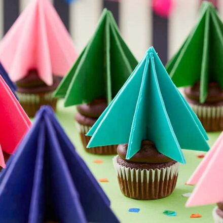 Colorful Candy Melt Christmas Tree Toppers on Cupcakes