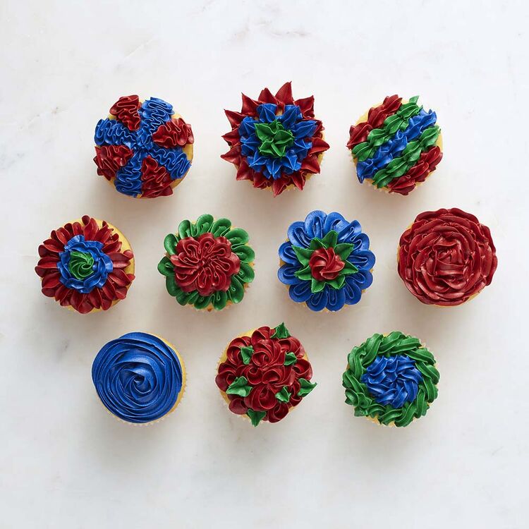 blue, red and green cupcakes