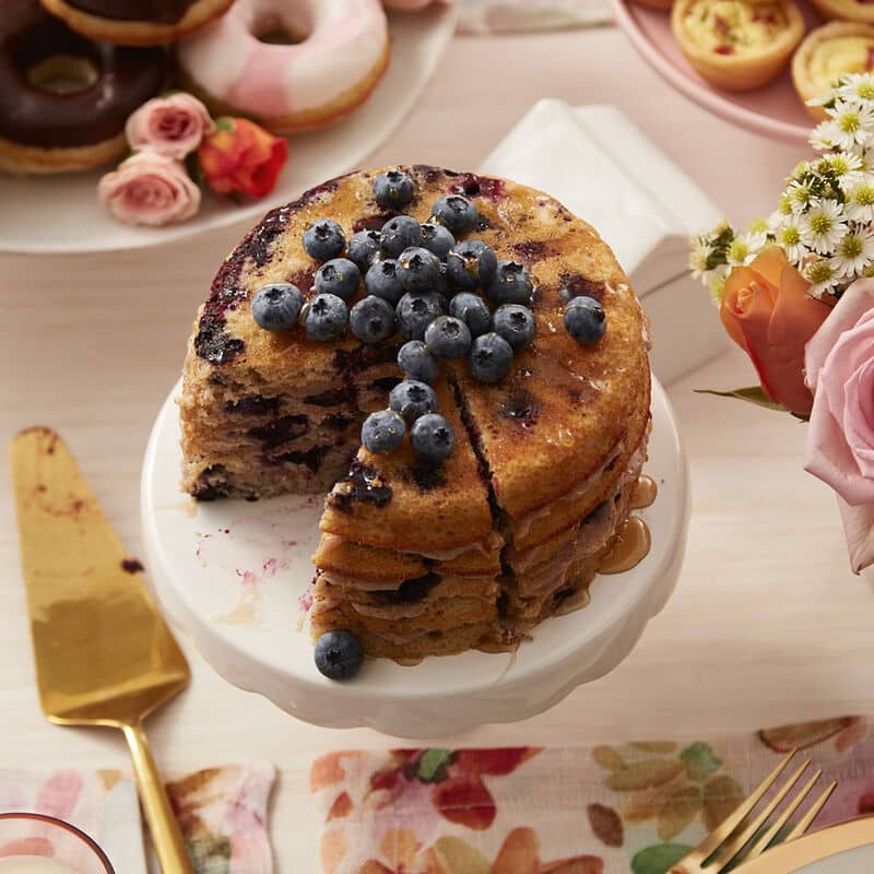 Stacked blueberry pancakes cake