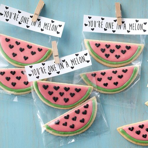 Sliced watermelon Valentine's Day cookies with heart-shaped seeds