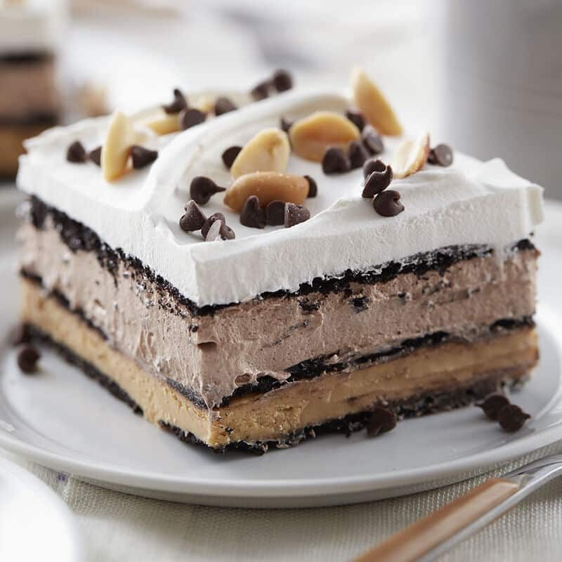 Chocolate peanut butter layered dessert lasagna