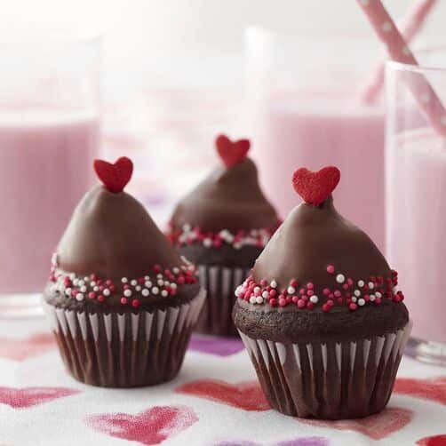 Chocolate covered mini cupcakes with heart and red, white, and pink sprinkles