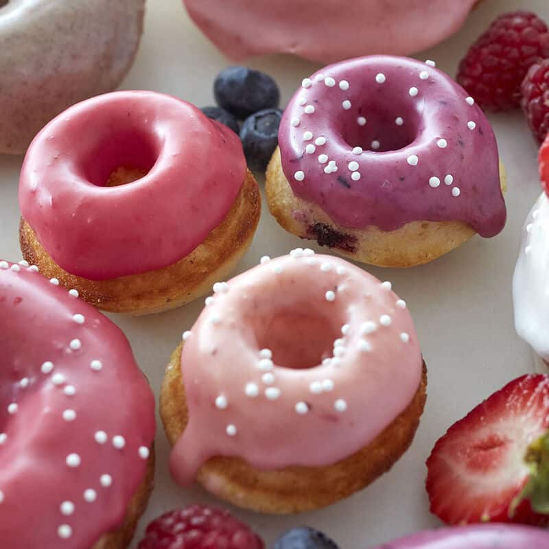 mini cake donuts with strawberry frosting