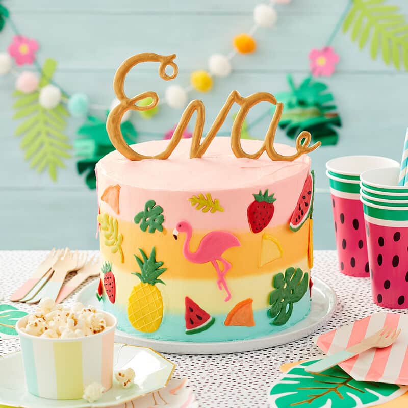 colorful tropical cake with name topping