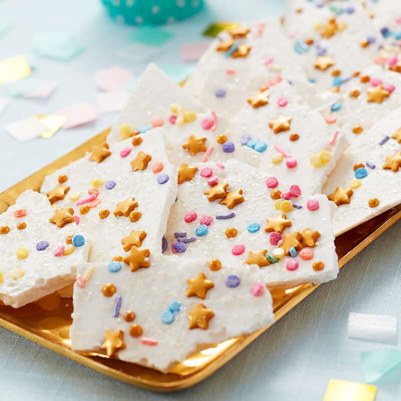 unicorn bark made of white candy melts candy and sprinkles