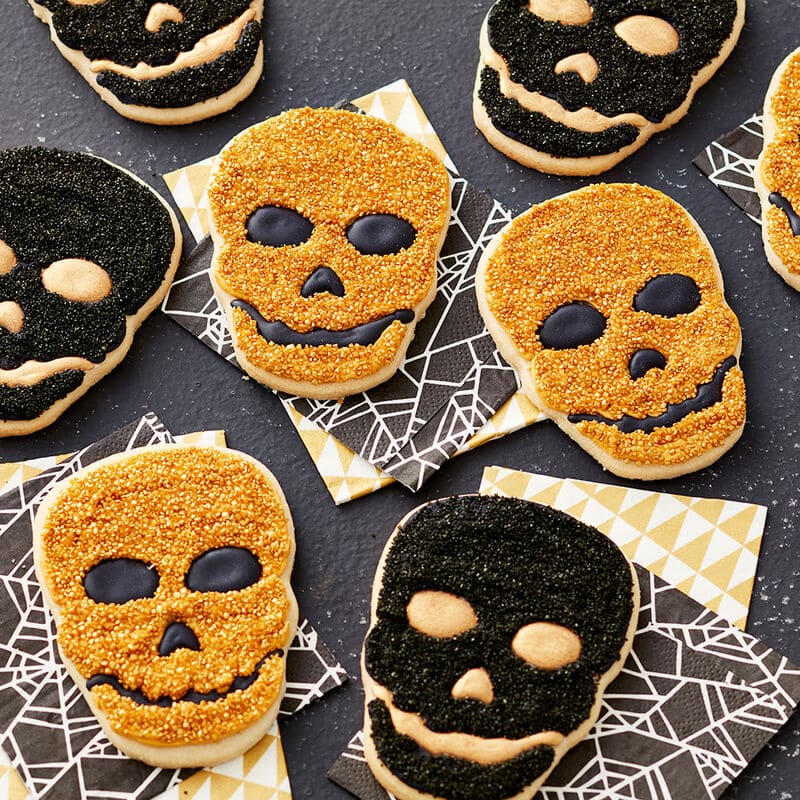 Gold and Black sparkly Halloween skull cookies