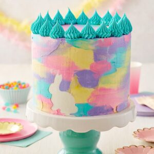 Watercolor painted Easter cake with bunny cut-out