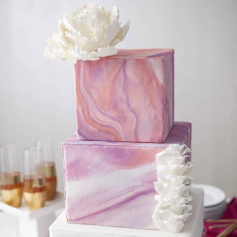 purple marbled fondant covered wedding cake