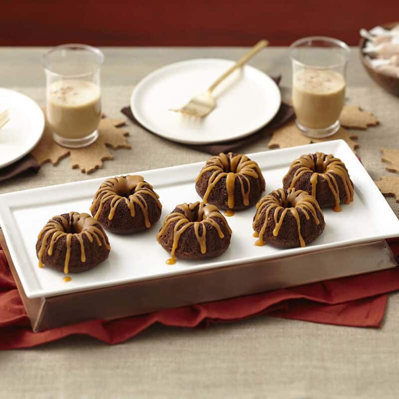 mini chocolate cakes topped with salted caramel glaze