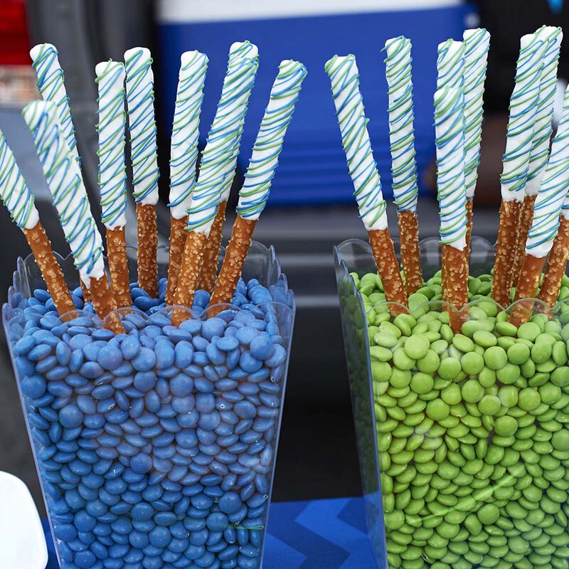 blue and green candy dipped pretzels