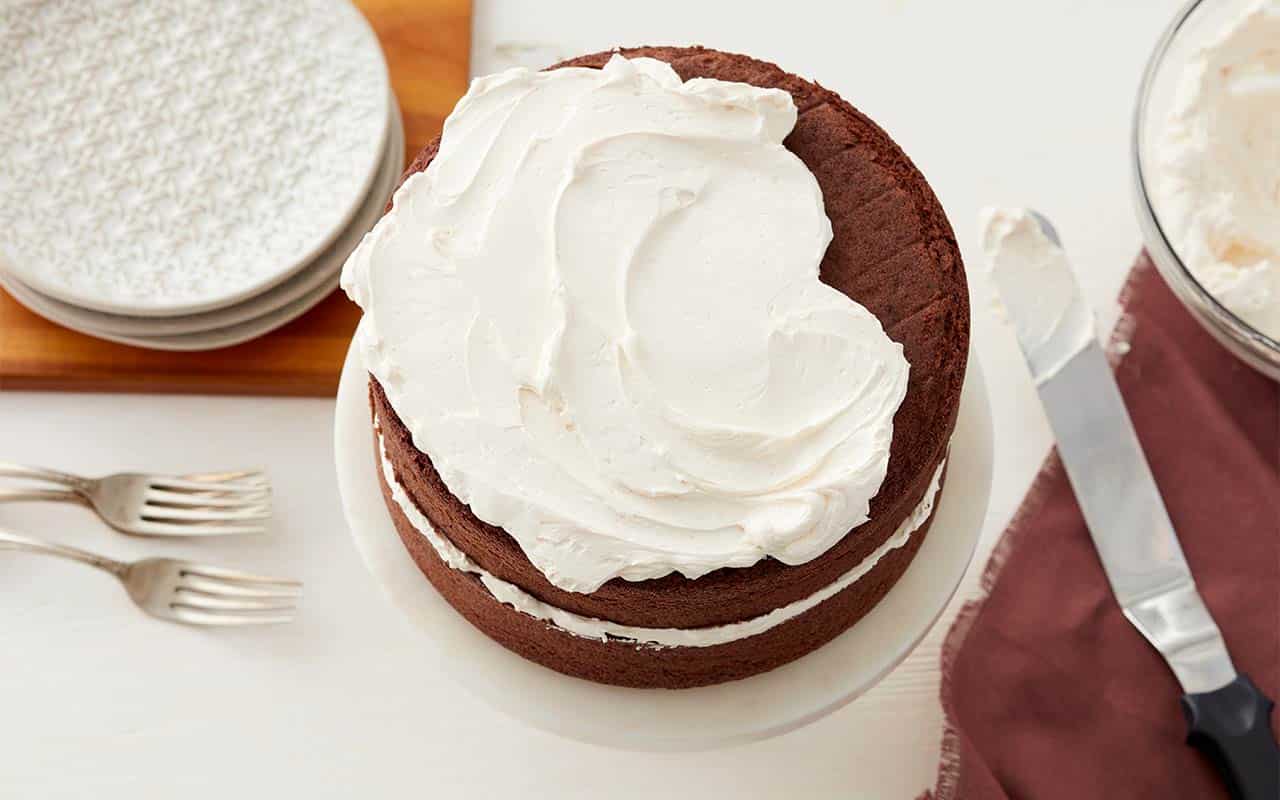 chocolate cake with stabilized whipped cream frosting